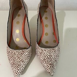 Boden pony hair heels, brown and white polka dot, Sz 39 / 8.5
